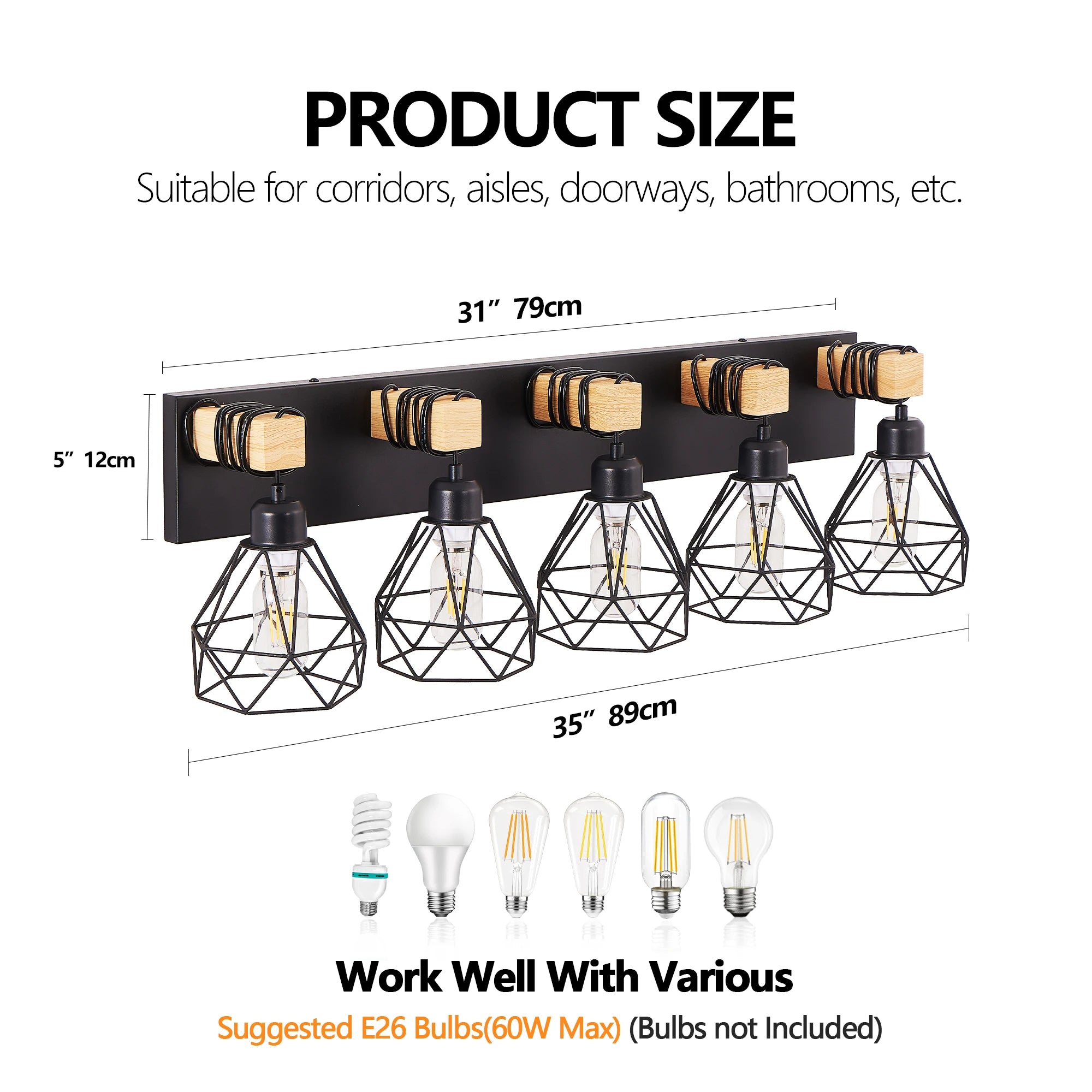 5-Light Vanity Light Fixture with Black Metal,Wooden Accents and Cage Lampshade(Bulb Not Included)