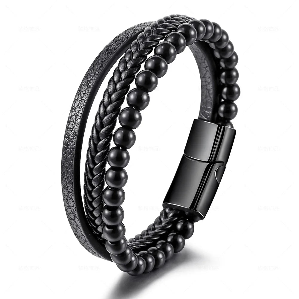 Stainless Steel Natural Tiger Eye Bracelet Beaded Men'S Hand-Woven Leather Bracelet