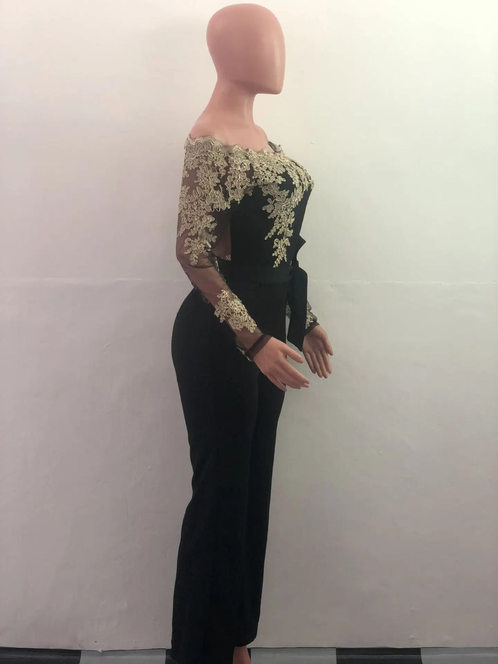 Elegant Overalls Off Shoulder Slash Neck Embroidery Lace Casual Jumpsuit