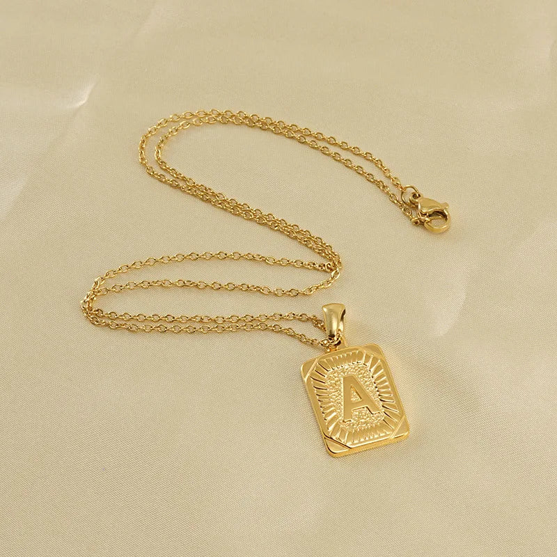 18k Gold Men'S Necklace Square Stainless Steel Letter Pendant English Letter Necklace Pendant For Men