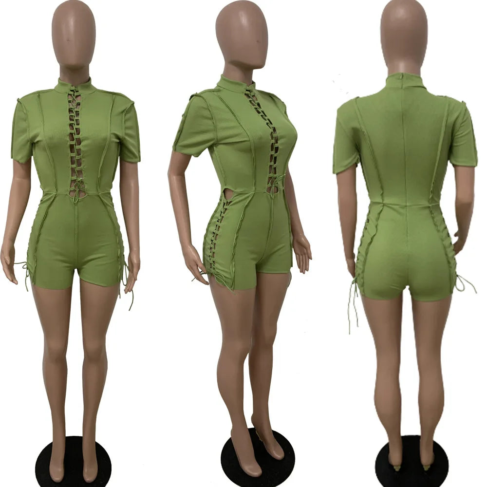Bodycon Solid O Neck Hollow Out Bandage Short Sleeve Rompers Jumpsuit