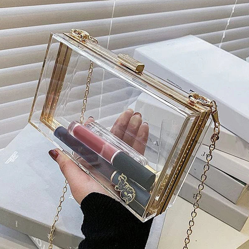 Ladies' Transparent Boxed Crossbody Bag, Stylish Detachable Gold Chain Strap Shoulder Bag, Acrylic Metal Dinner Clutch Purse