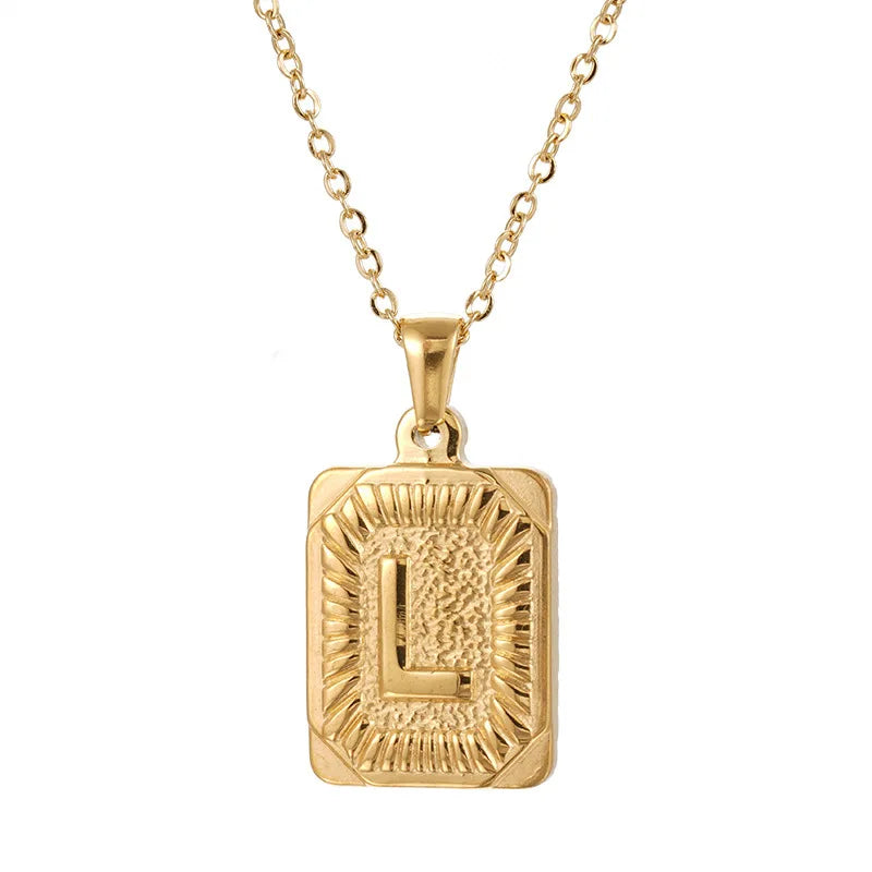 18k Gold Men'S Necklace Square Stainless Steel Letter Pendant English Letter Necklace Pendant For Men