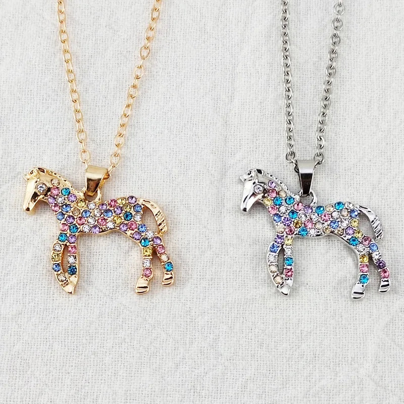 Diamond Inlaid Rainbow Pony Pendant Necklace Fashion Personality Colorful Diamond Necklace