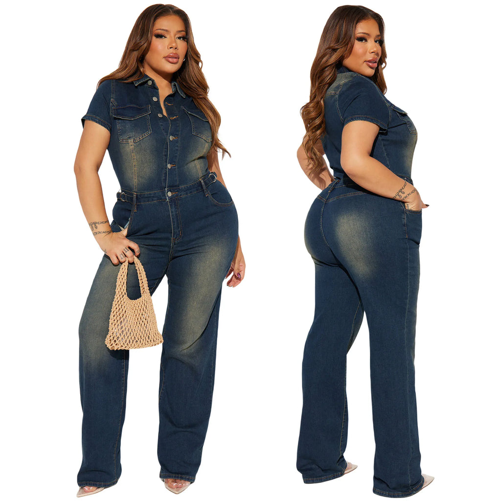 Women's Loose Fit Slim Stretch Washed Denim Straight Jumpsuit Halter Collar Casual Knitted Weaving Print