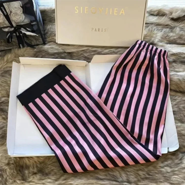 Silk Pajamas Women's Striped High-grade Long-sleeved