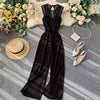 Sexy Lace Hollow Out O-neck Tank Jumpsuit Summer Women Slim Wide-legged Playsuit  Romper