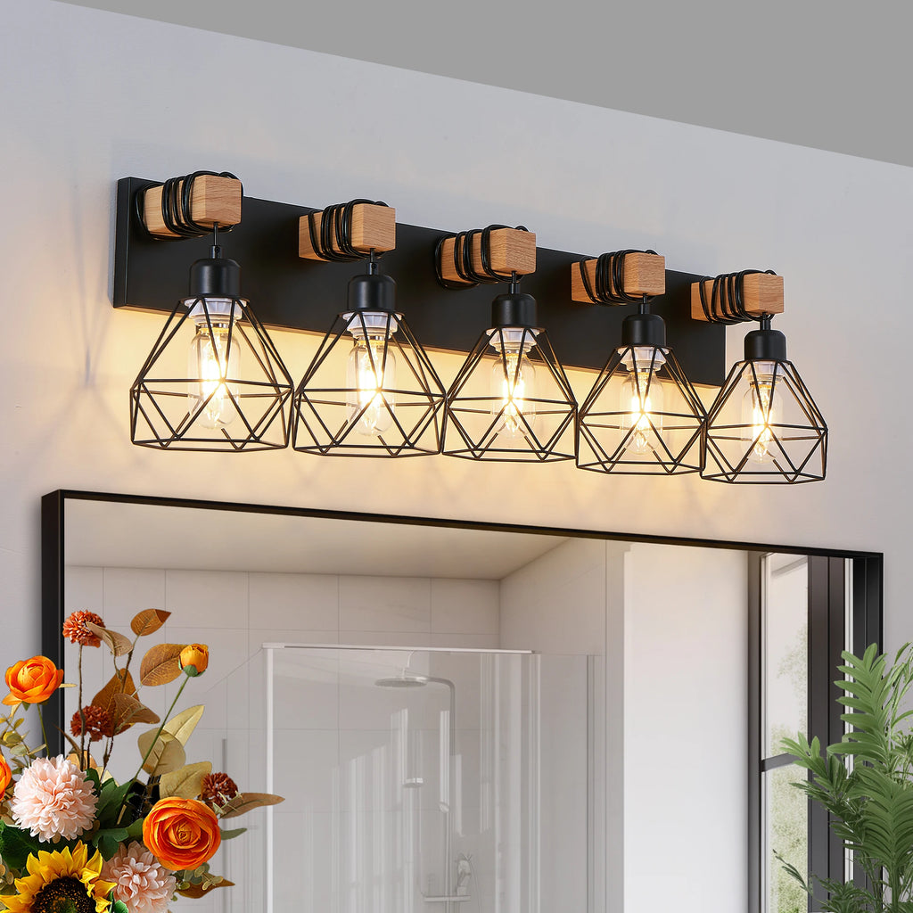 5-Light Vanity Light Fixture with Black Metal,Wooden Accents and Cage Lampshade(Bulb Not Included)