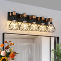 5-Light Vanity Light Fixture with Black Metal,Wooden Accents and Cage Lampshade(Bulb Not Included)