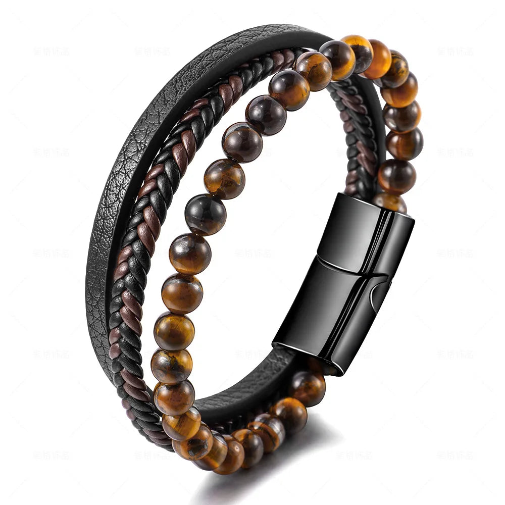 Stainless Steel Natural Tiger Eye Bracelet Beaded Men'S Hand-Woven Leather Bracelet