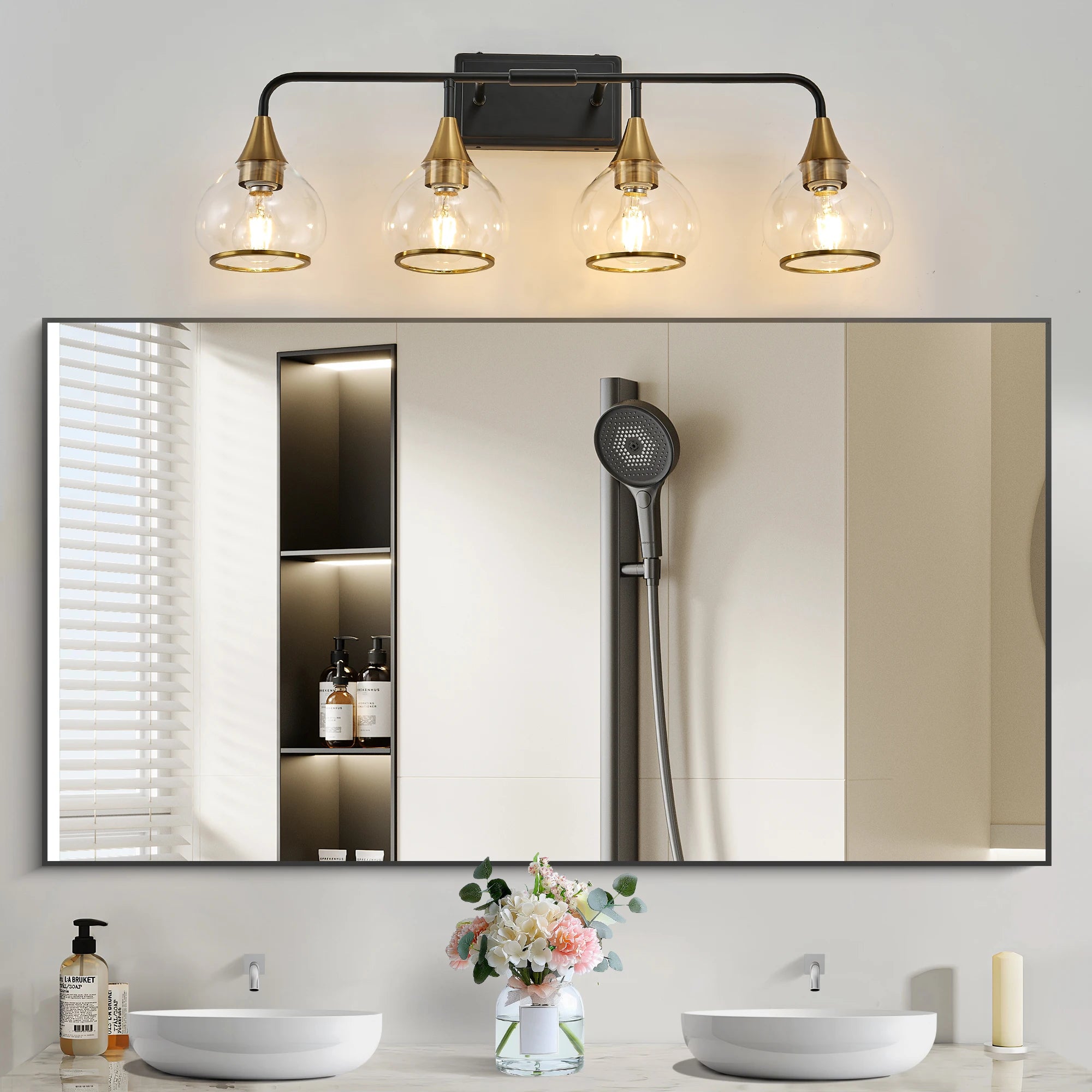 4-Lights Bathroom Light Fixtures Over Mirror with Clear Glass Shade  Wall  Black and Gold (Exclude E26 Bulb)
