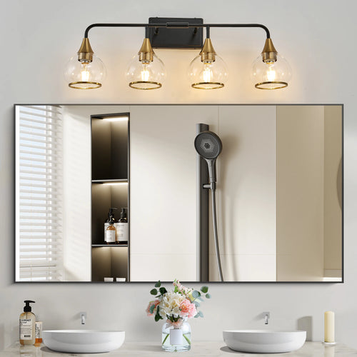 4-Lights Bathroom Light Fixtures Over Mirror with Clear Glass Shade  Wall  Black and Gold (Exclude E26 Bulb)