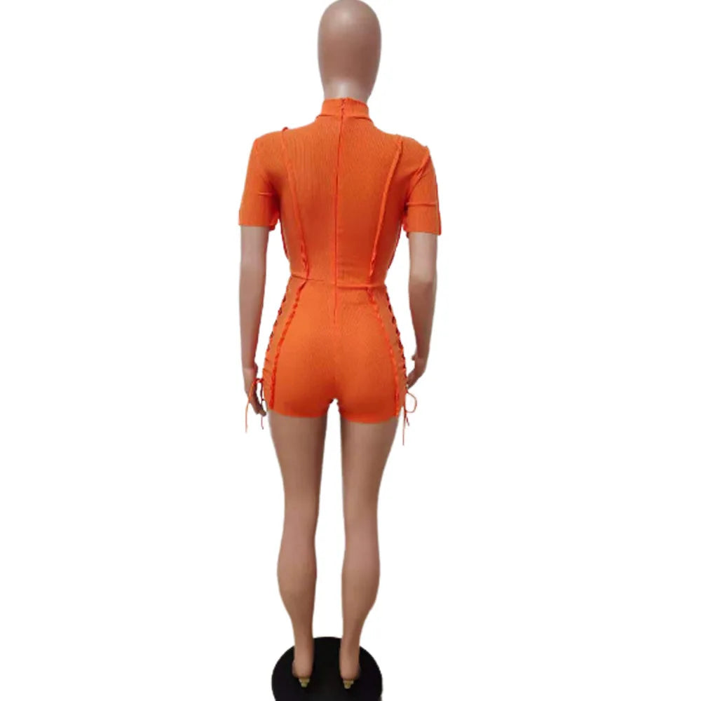 Bodycon Solid O Neck Hollow Out Bandage Short Sleeve Rompers Jumpsuit