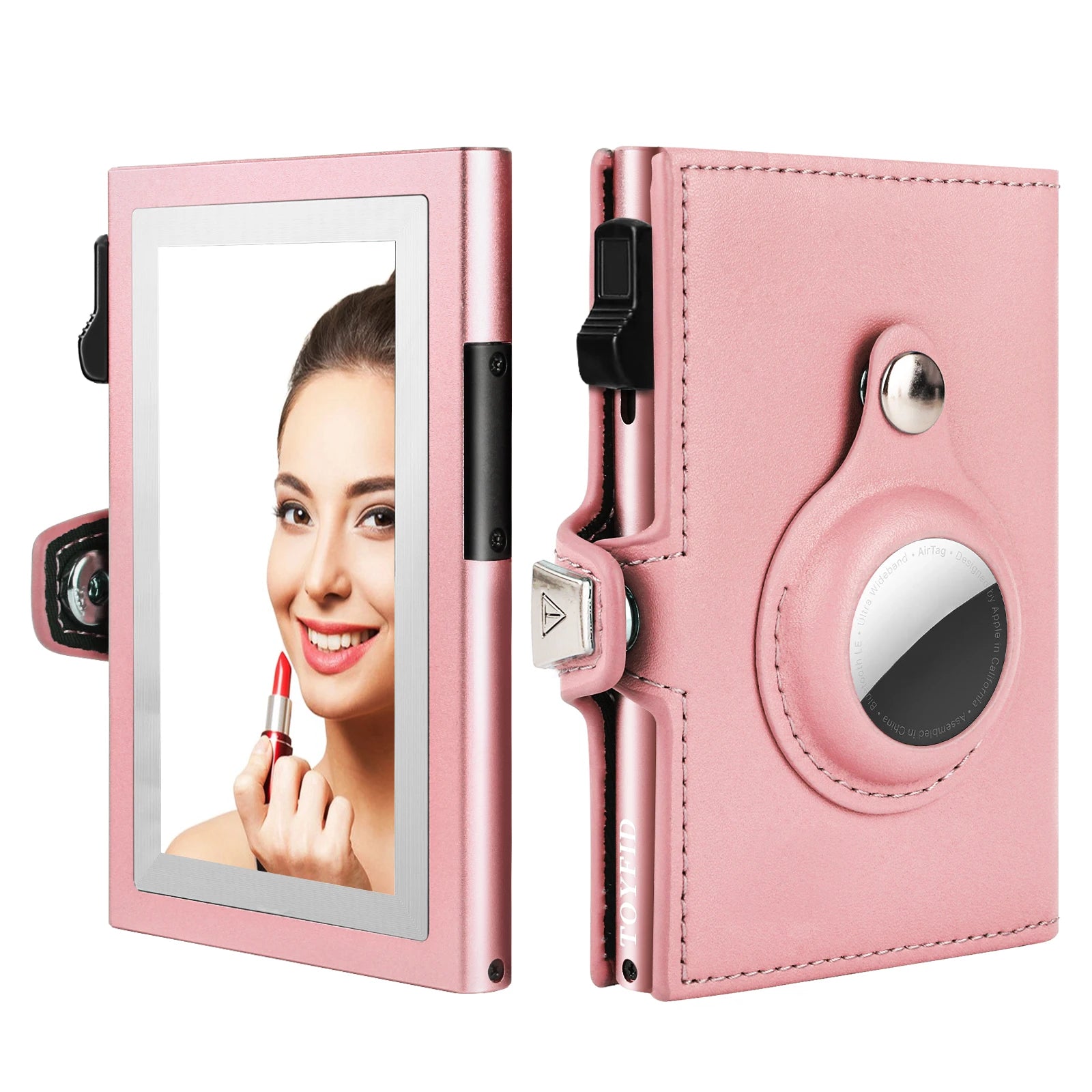Daily Use Thin Leather RFID Blocking Ladies Card Holder with Cosmetic Mirror and Coin Purse