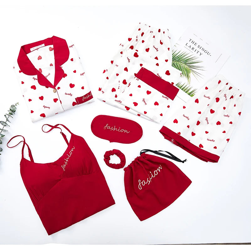 Women Girls Sleepwear Cotton 7pcs Set Nightwear Cherry Printing Pj Set Nighty