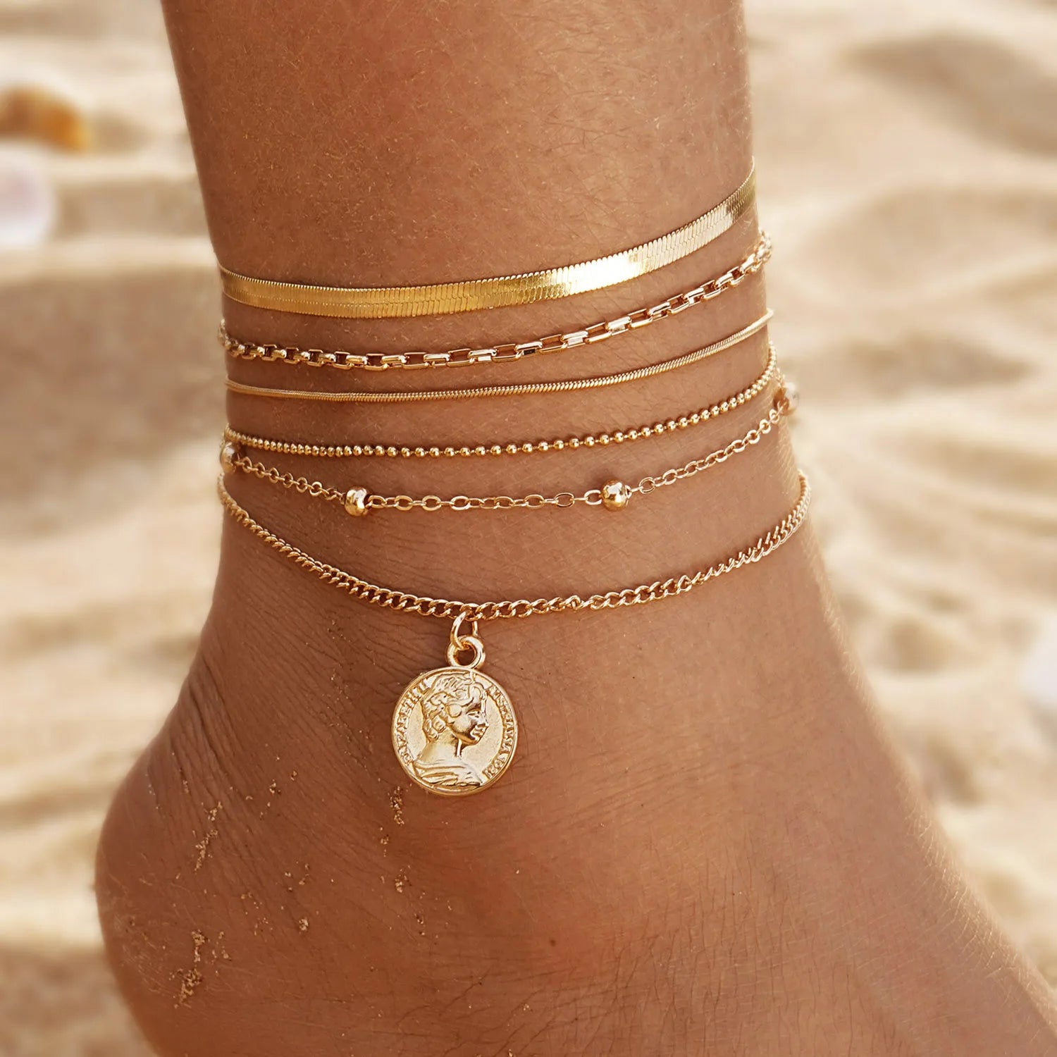 Women Fashion Jewelry Blue Eyes Pendant Snake Chain Pearl Star Gold Plated Multilayer Anklet Set