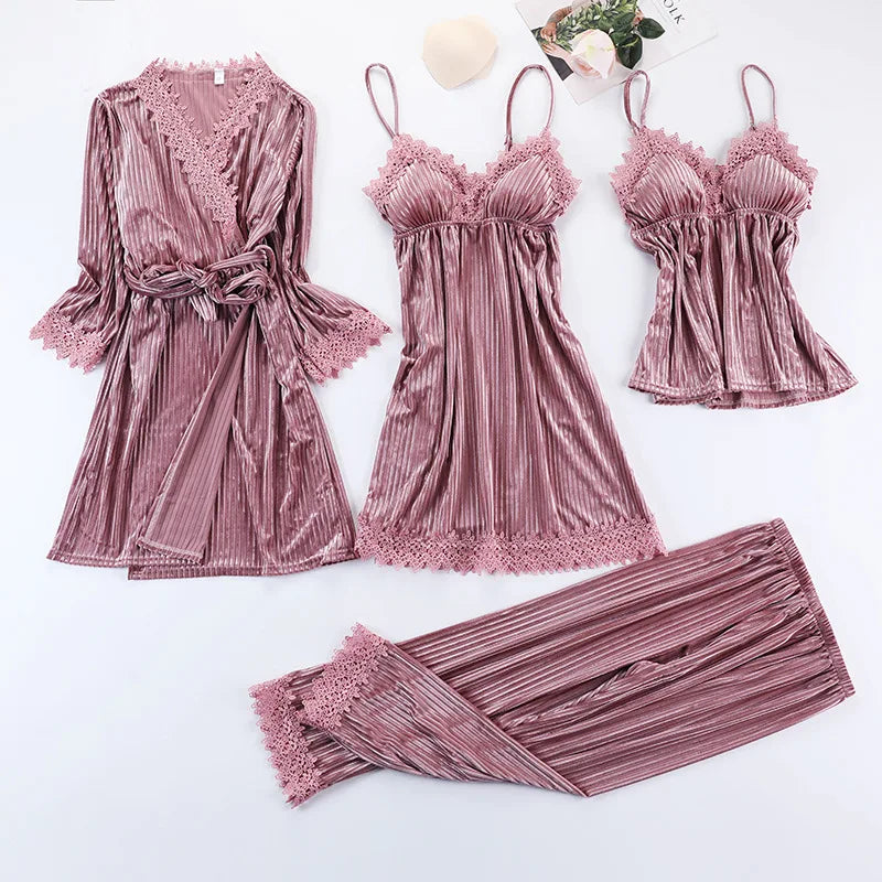 3pcs Gold Velvet  Pajamas Set for Women Warm Sexy Lace Pajamas Winter Sleepwear Nightdress