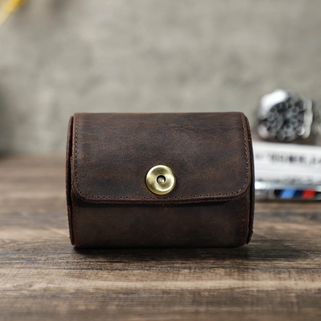 Genuine Vintage Leather Neck Tie Holder with Anti-Wrinkle Storage Men's Travel Tie Roll Case