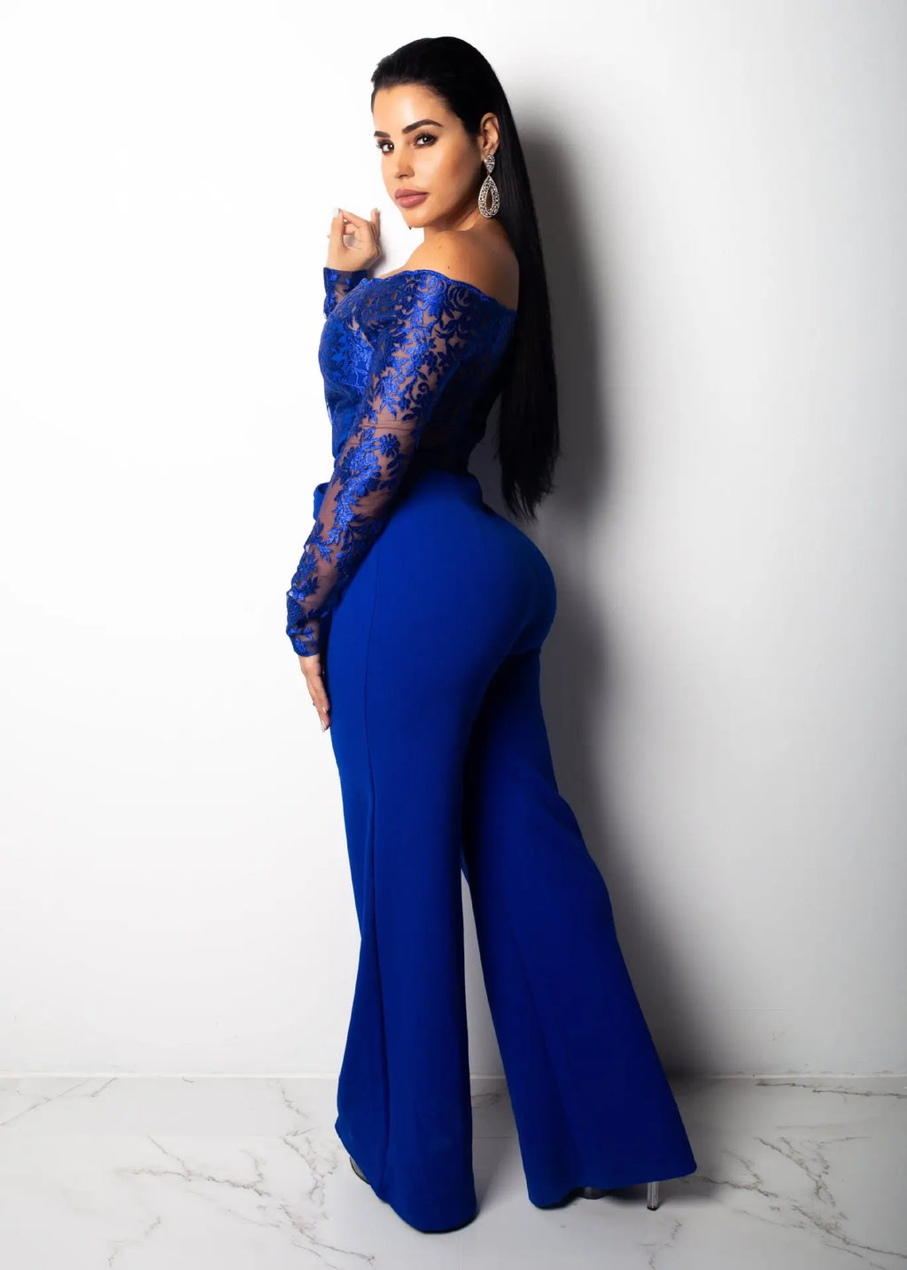 Elegant Overalls Off Shoulder Slash Neck Embroidery Lace Casual Jumpsuit