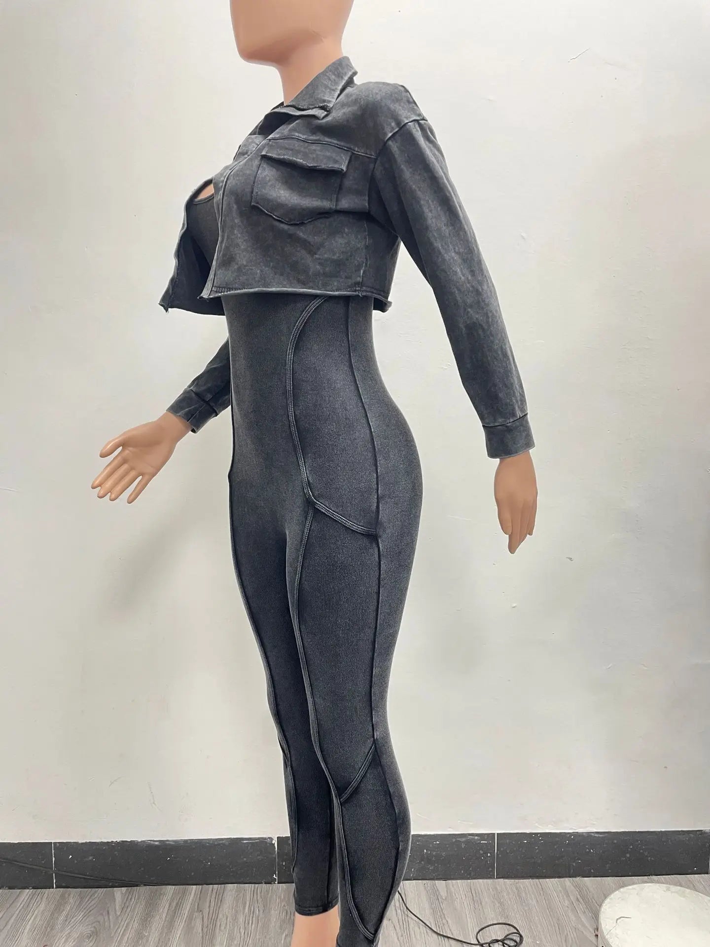 Two Piece Set Y2K Bodycon Acid Wash Jumpsuit With Jacket Light Washed 2 Piece Set Woman Jumpsuit