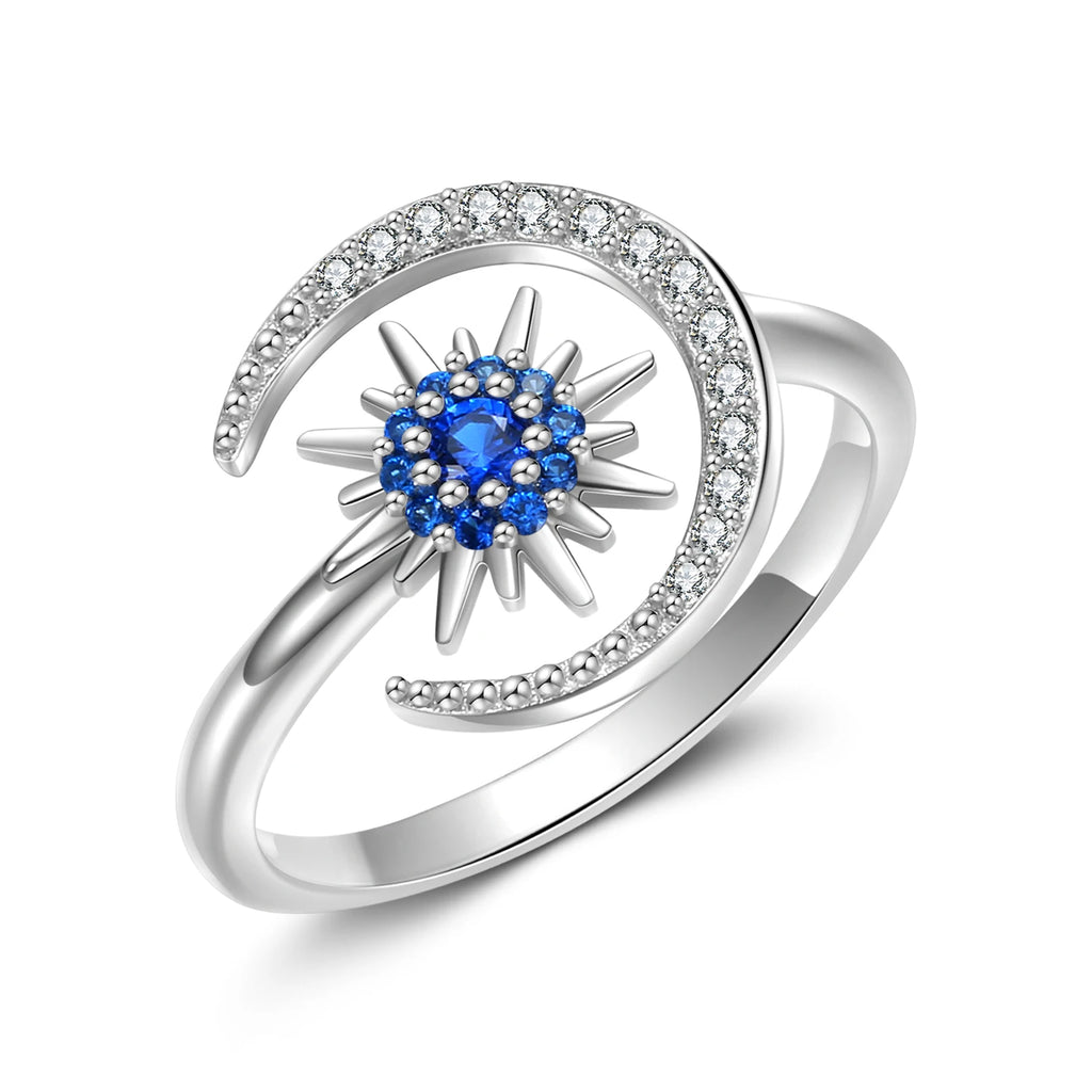 925 Sterling Silver Star & Moon Ring with Zirconia for Women