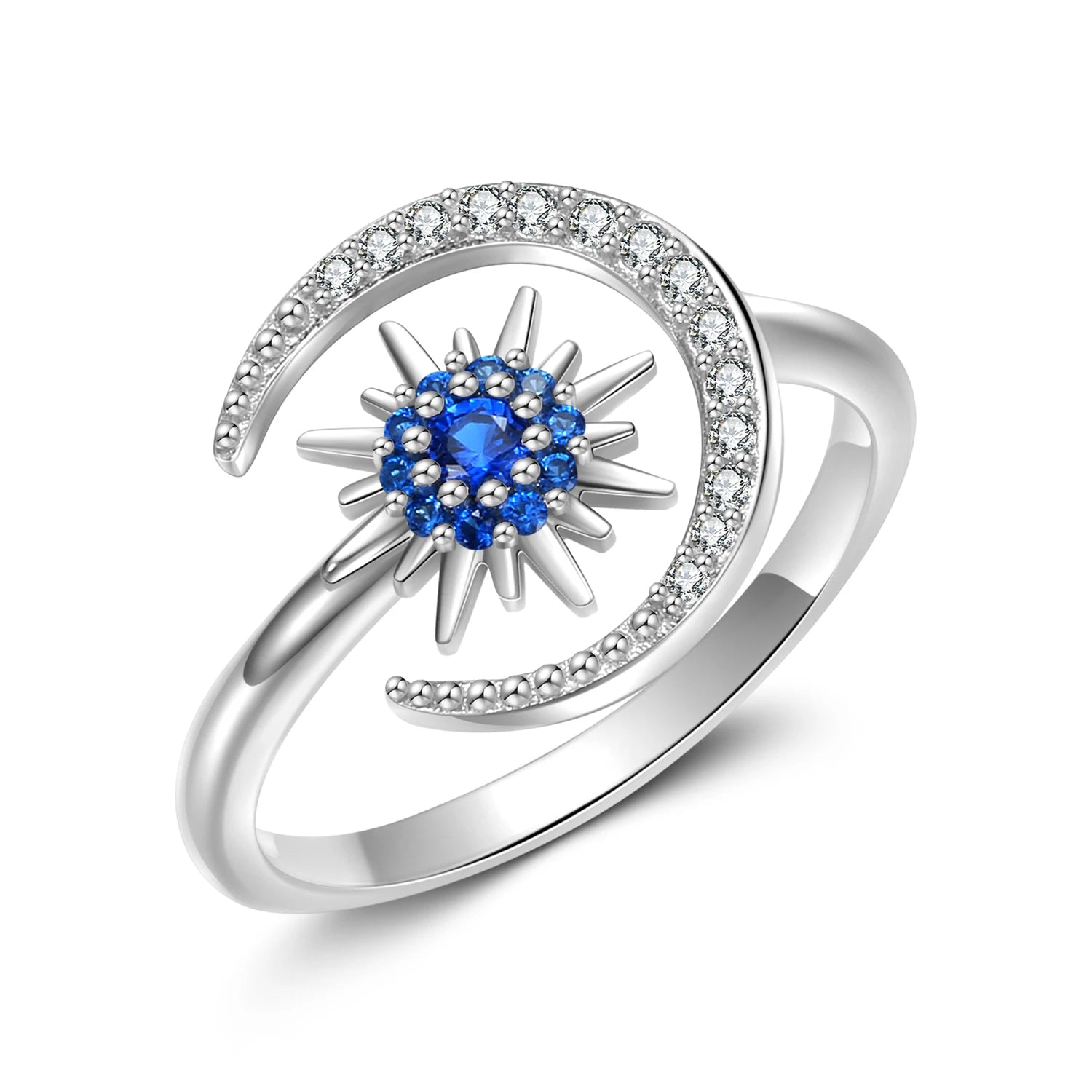 925 Sterling Silver Star & Moon Ring with Zirconia for Women