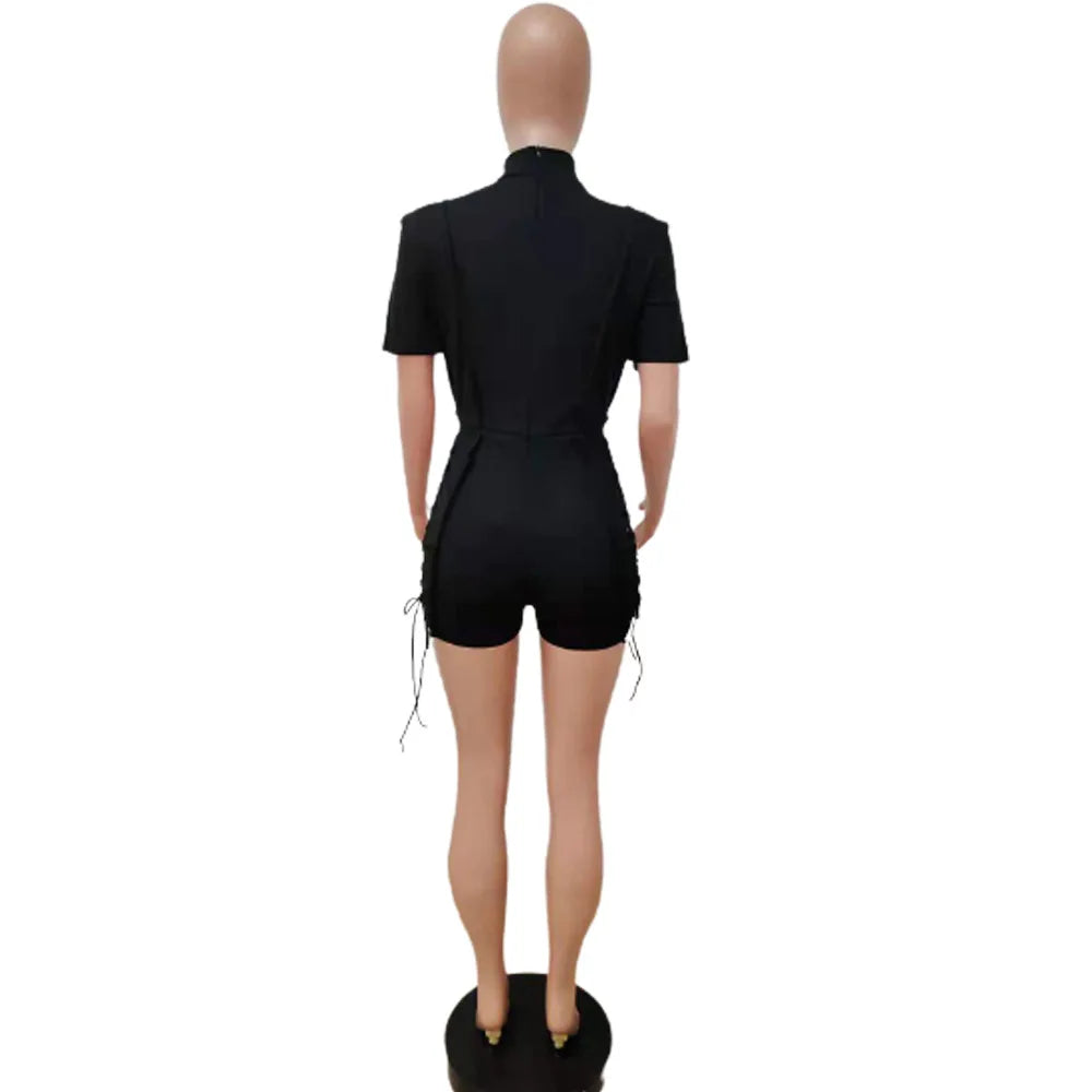 Bodycon Solid O Neck Hollow Out Bandage Short Sleeve Rompers Jumpsuit