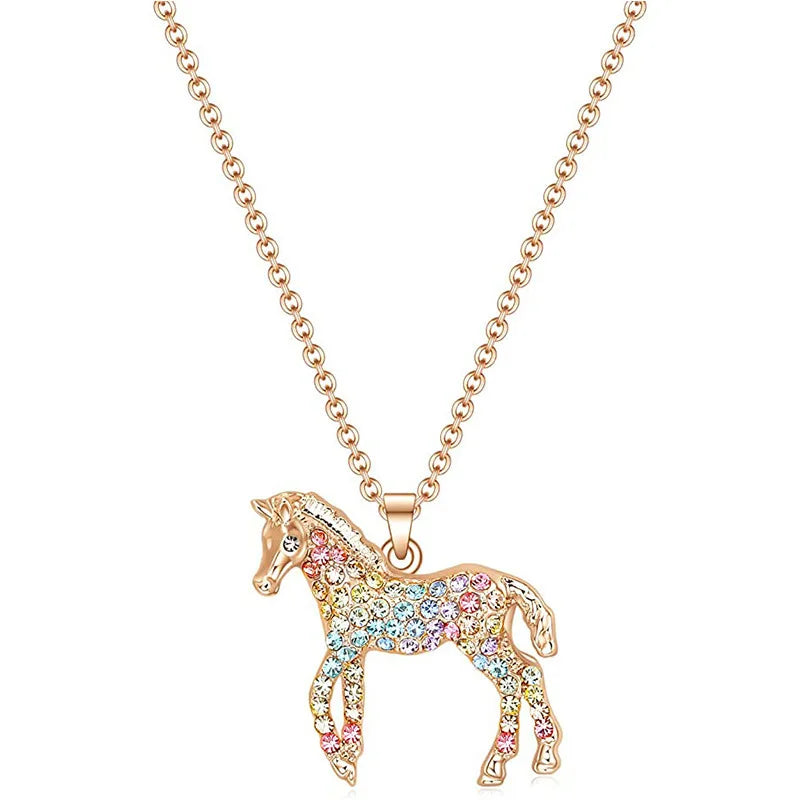 Diamond Inlaid Rainbow Pony Pendant Necklace Fashion Personality Colorful Diamond Necklace