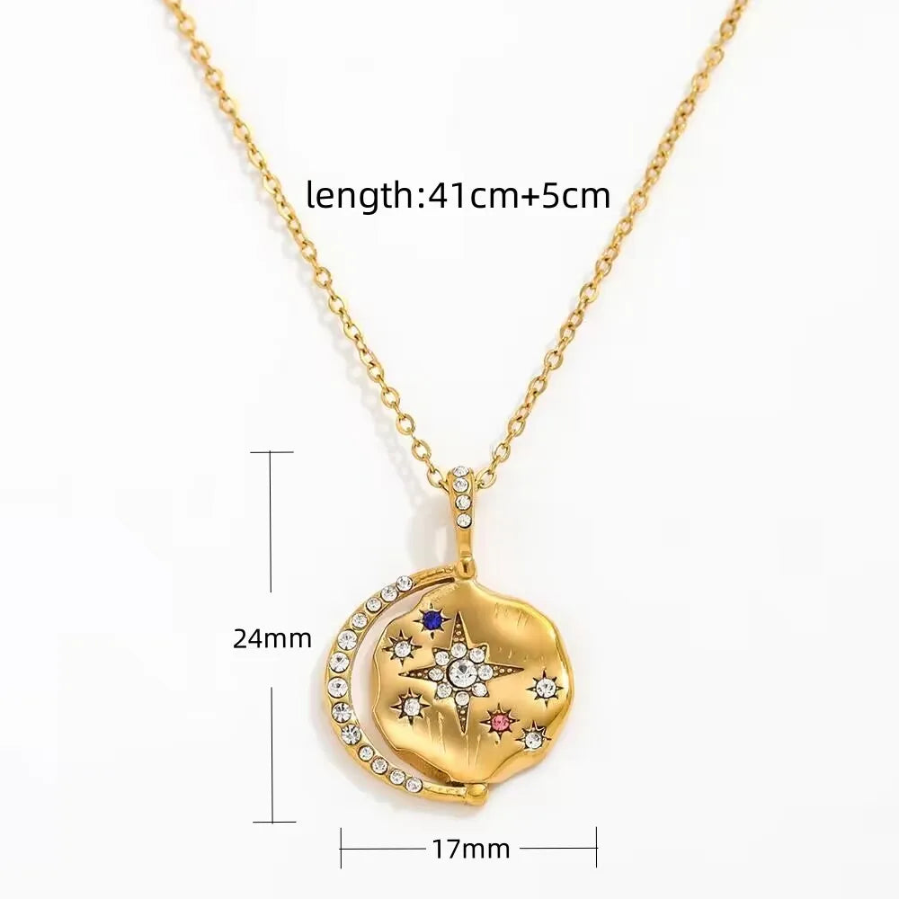 18k Gold Plated Waterproof Tarnish Free Moon Star Sun  Zirconia Coin Pendant Stainless Steel Necklace Fashion Jewelry