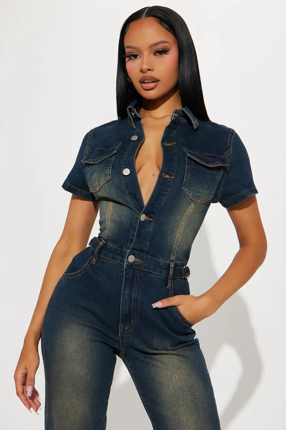 Women's Loose Fit Slim Stretch Washed Denim Straight Jumpsuit Halter Collar Casual Knitted Weaving Print