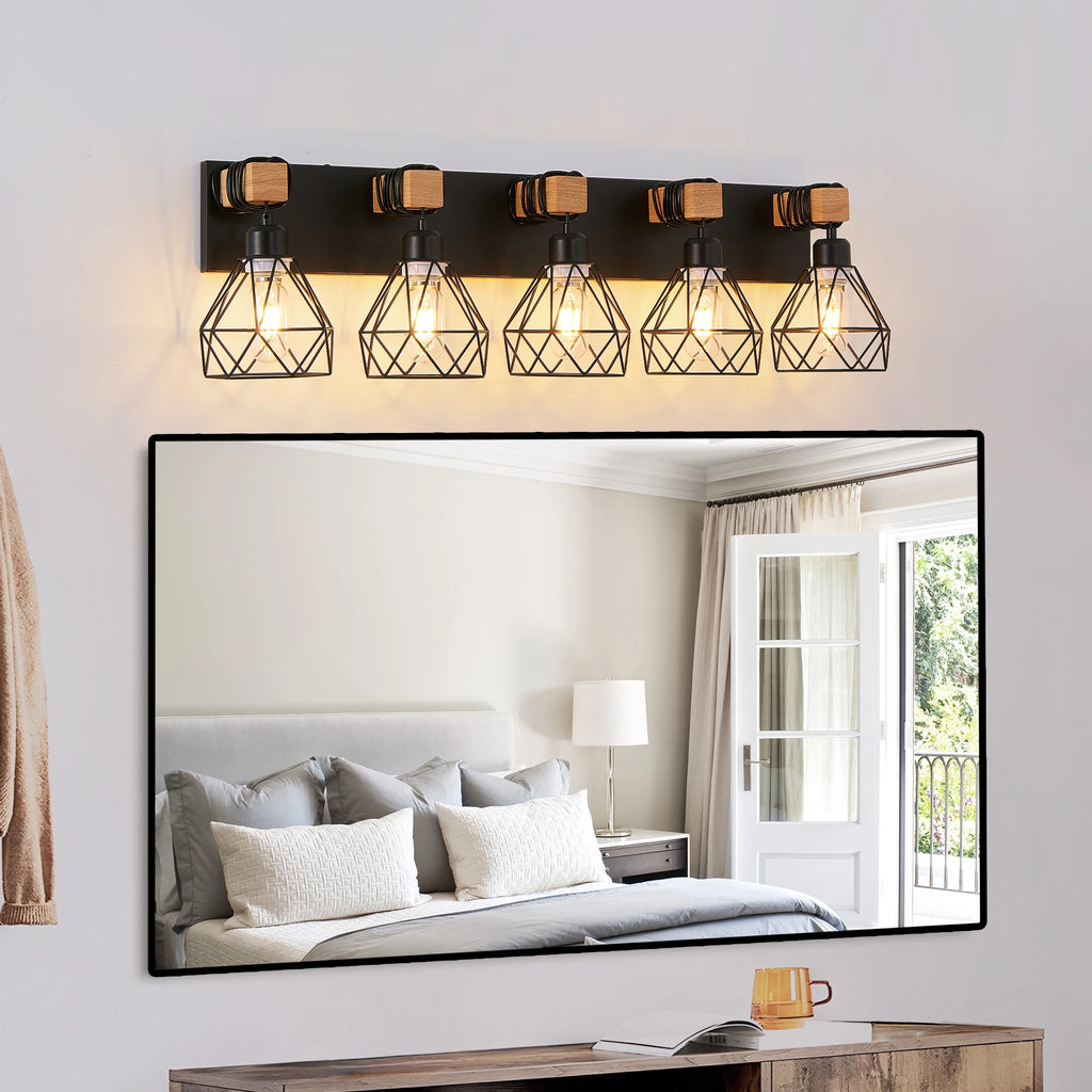 5-Light Vanity Light Fixture with Black Metal,Wooden Accents and Cage Lampshade(Bulb Not Included)