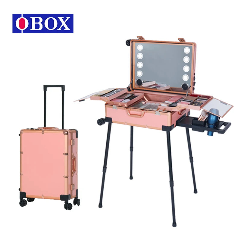 OBOX Professional Make-up case Professional Make-up Organizer Aluminum Alloy case With Lights and Mirror