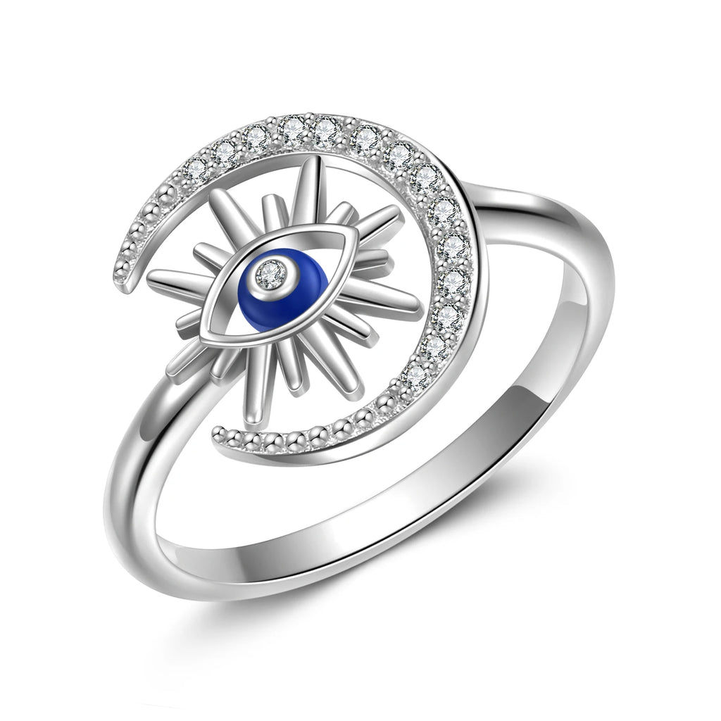 925 Sterling Silver Star & Moon Ring with Zirconia for Women