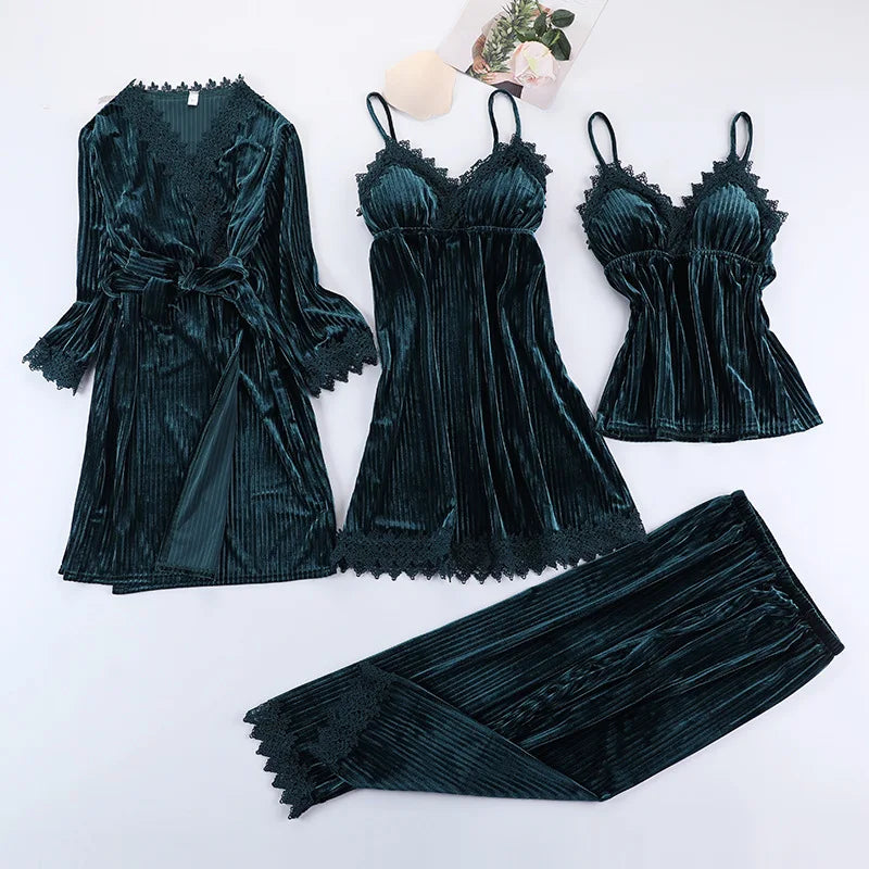3pcs Gold Velvet  Pajamas Set for Women Warm Sexy Lace Pajamas Winter Sleepwear Nightdress