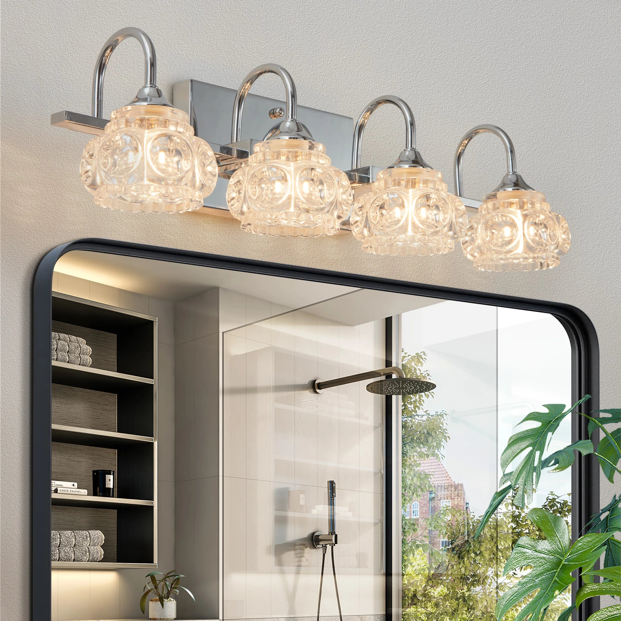 4-Light Polished Chrome Vanity Lights for Bathroom,Nickel Modern Vanity Lights with Crystal Glass Shade,  Modern Wall Lights