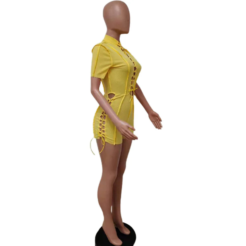 Bodycon Solid O Neck Hollow Out Bandage Short Sleeve Rompers Jumpsuit