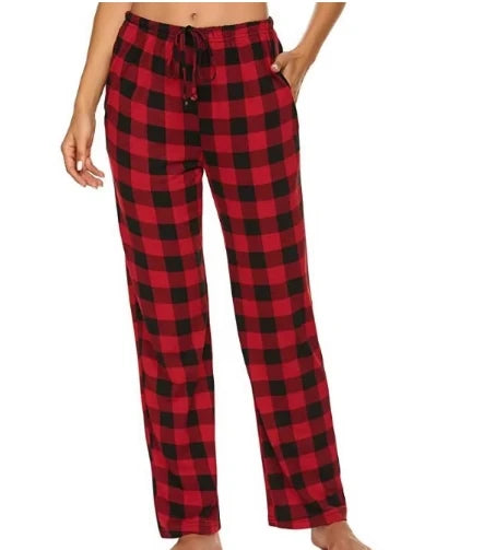 Women Solid Color Buffalo Plaid Pajama Pants Sleepwear With Pockets