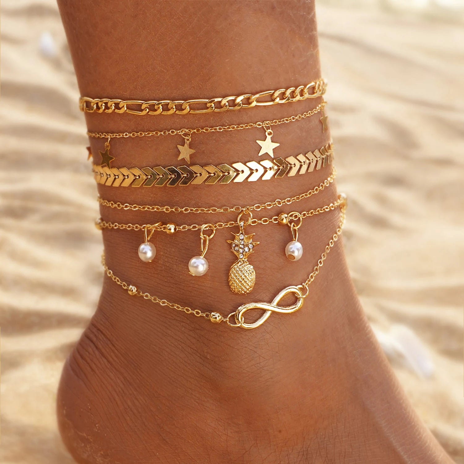 Women Fashion Jewelry Blue Eyes Pendant Snake Chain Pearl Star Gold Plated Multilayer Anklet Set