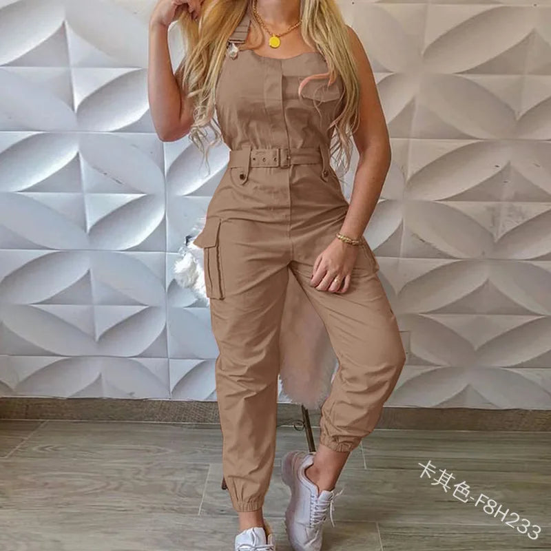 Women's Loose Jumpsuit with Halter Collar Casual Workout Playsuits with Solid Pockets Cargo Pants and Long Rompers