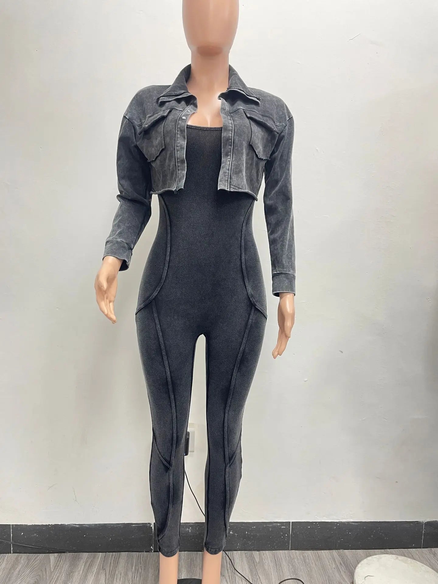Two Piece Set Y2K Bodycon Acid Wash Jumpsuit With Jacket Light Washed 2 Piece Set Woman Jumpsuit