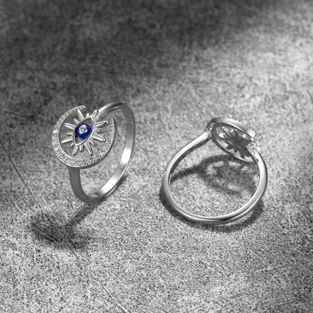 925 Sterling Silver Star & Moon Ring with Zirconia for Women