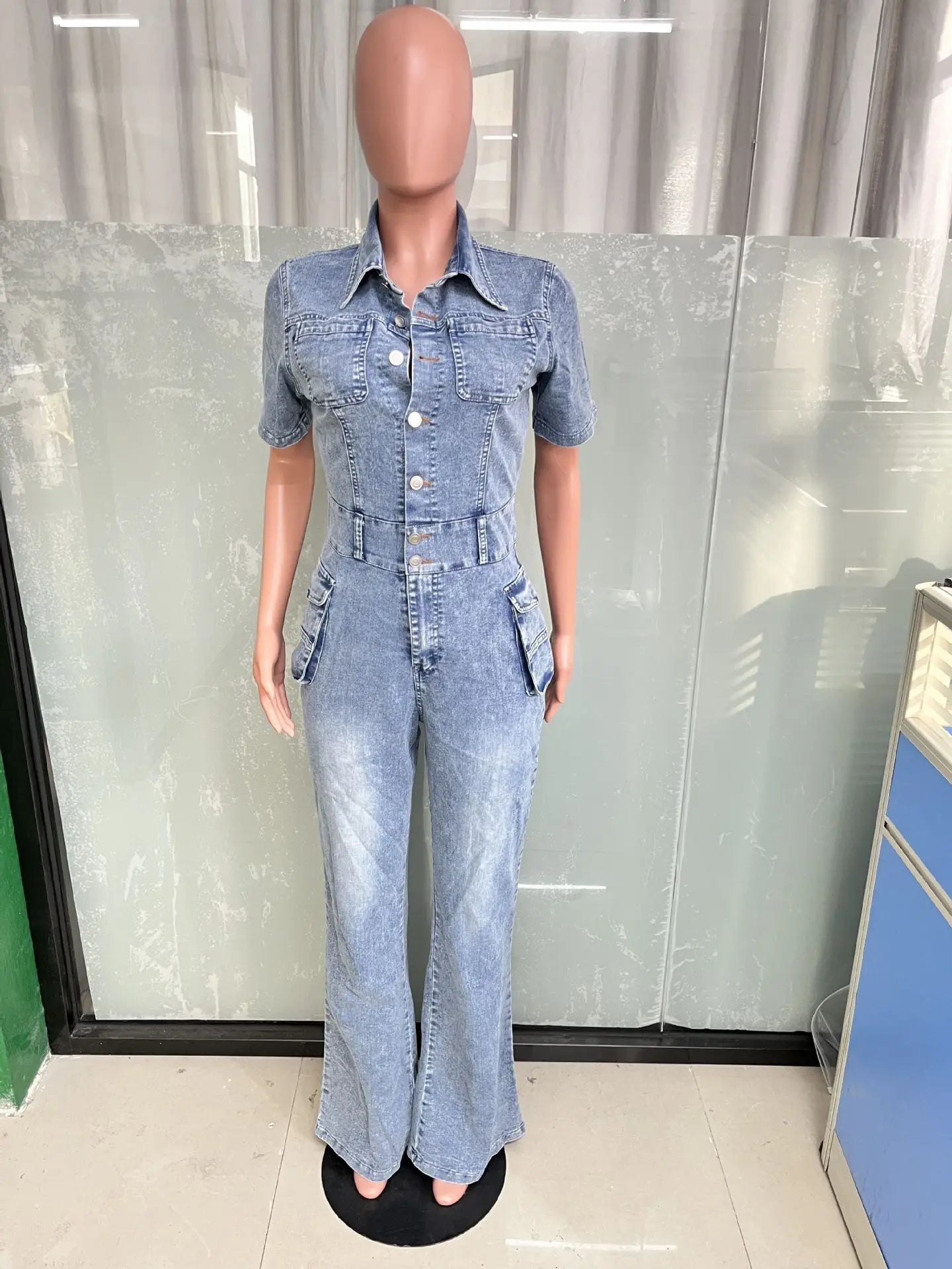 Denim Romper Tight Waist Slim Stretch Denim Romper Short Sleeve Top Flare Pants Jumpsuit