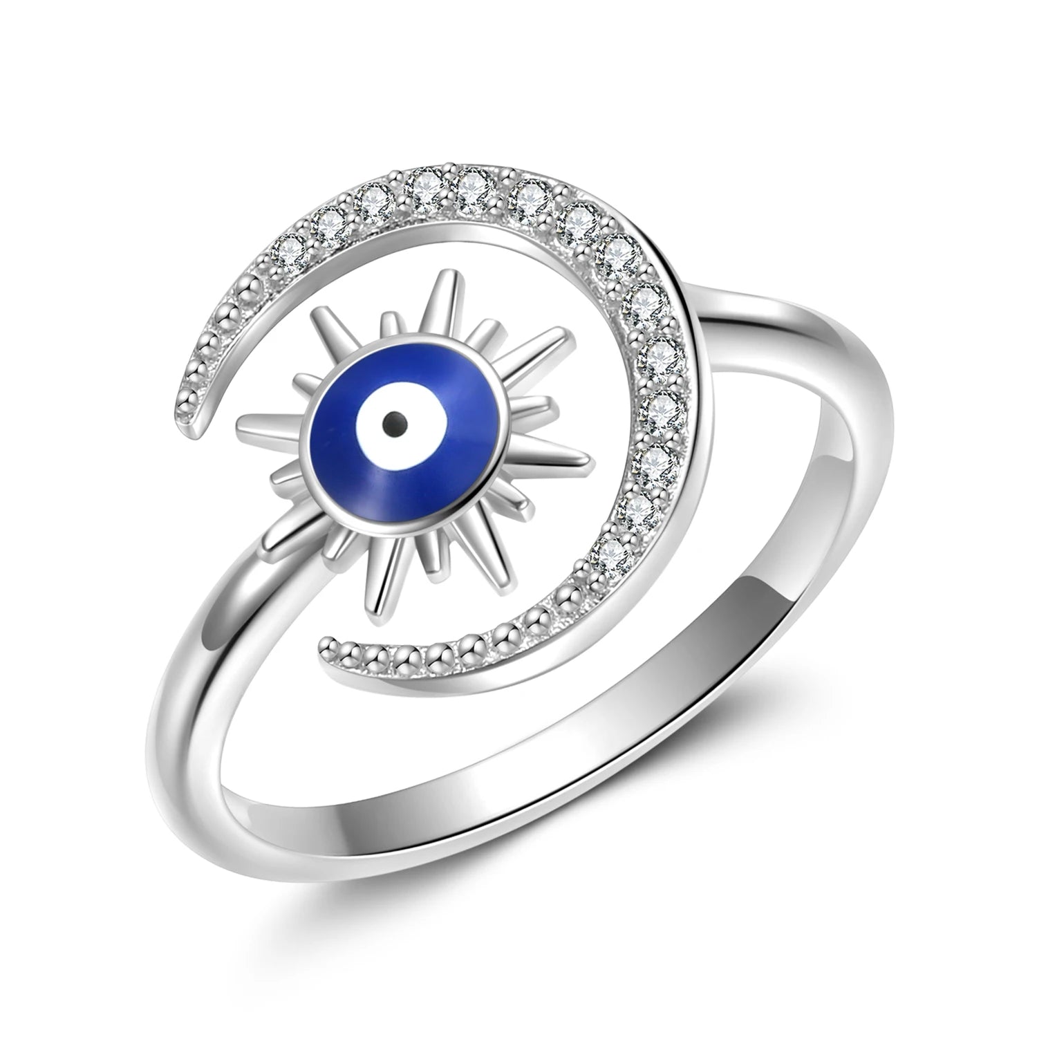 925 Sterling Silver Star & Moon Ring with Zirconia for Women