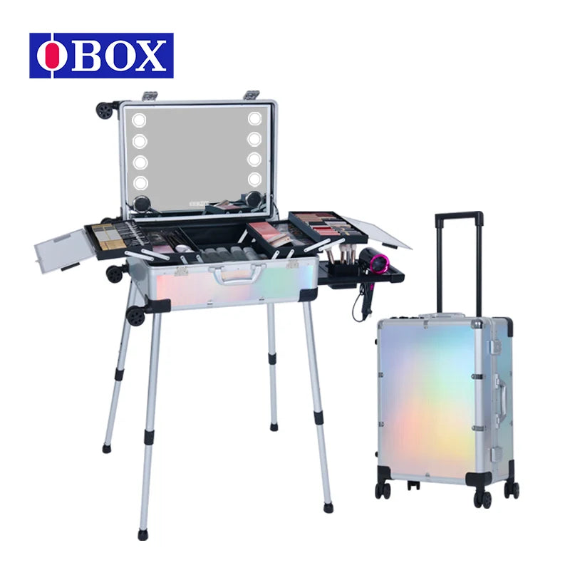 OBOX Professional Make-up case Professional Make-up Organizer Aluminum Alloy case With Lights and Mirror