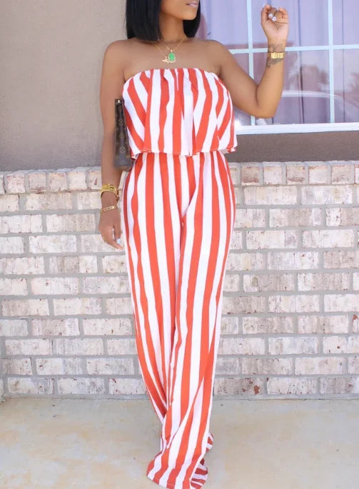 Hot Summer Women's Casual Jumpsuit with Striped Print Sexy Wrap Chest Open Back Washed Techniques