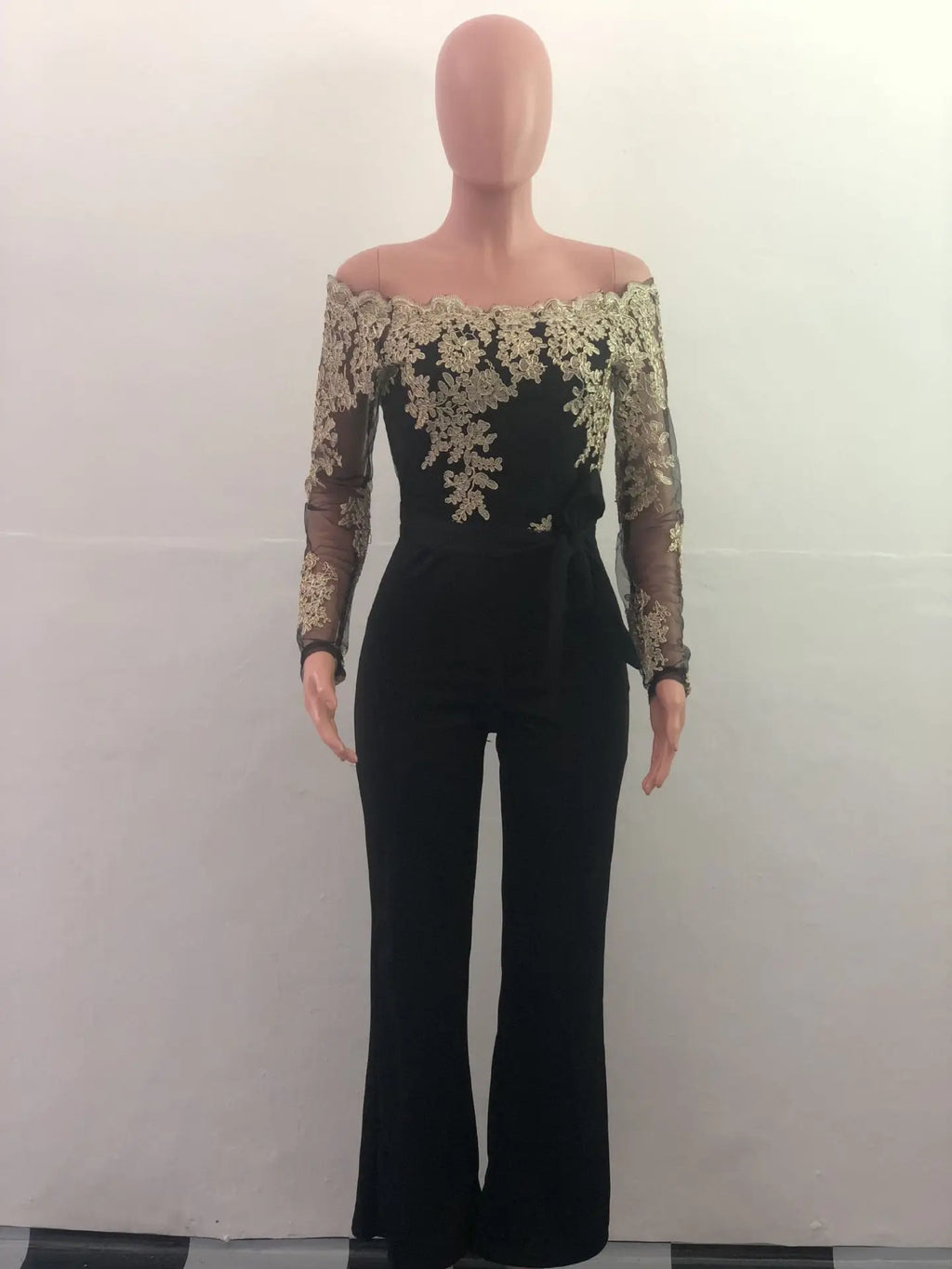 Elegant Overalls Off Shoulder Slash Neck Embroidery Lace Casual Jumpsuit