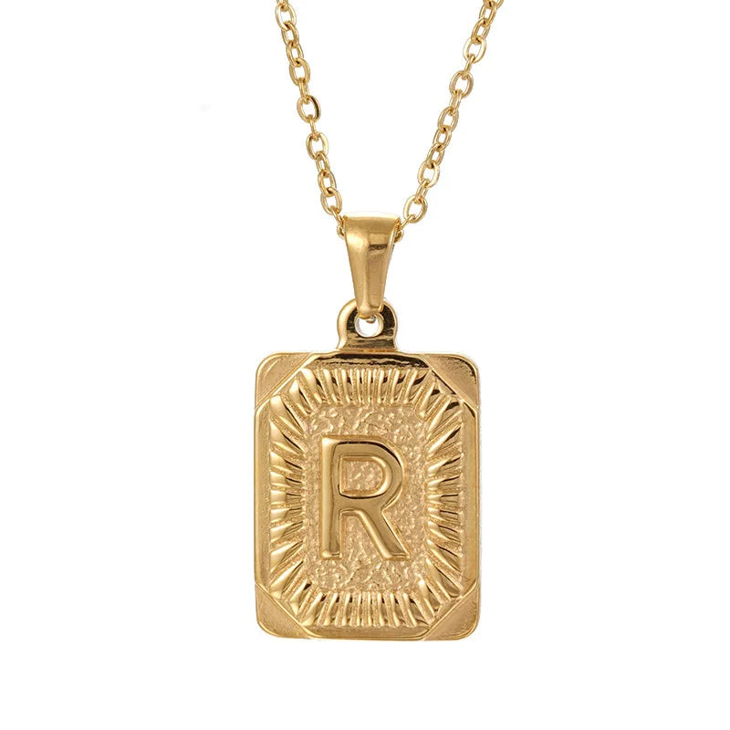 18k Gold Men'S Necklace Square Stainless Steel Letter Pendant English Letter Necklace Pendant For Men