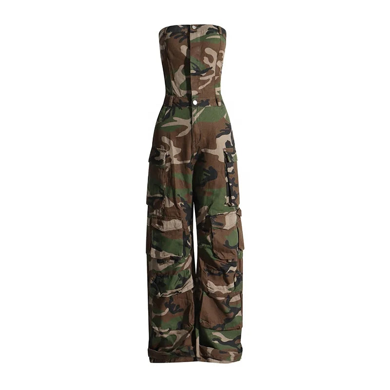 Camo Jeans Women Camouflage Jumpsuits Pants Denim Cargo Jumpsuit
