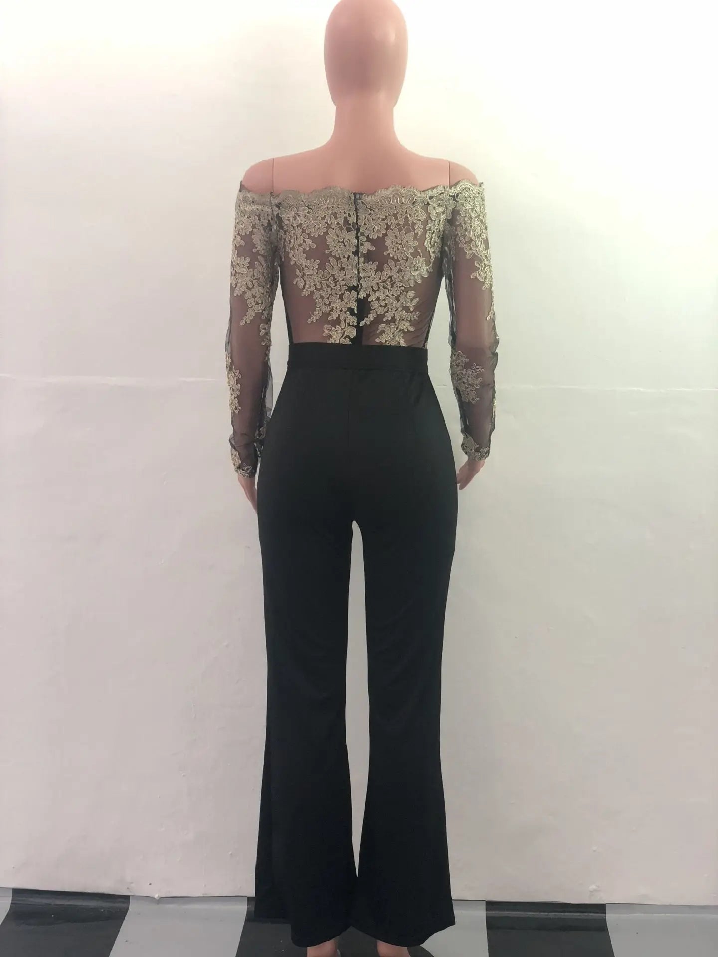 Elegant Overalls Off Shoulder Slash Neck Embroidery Lace Casual Jumpsuit