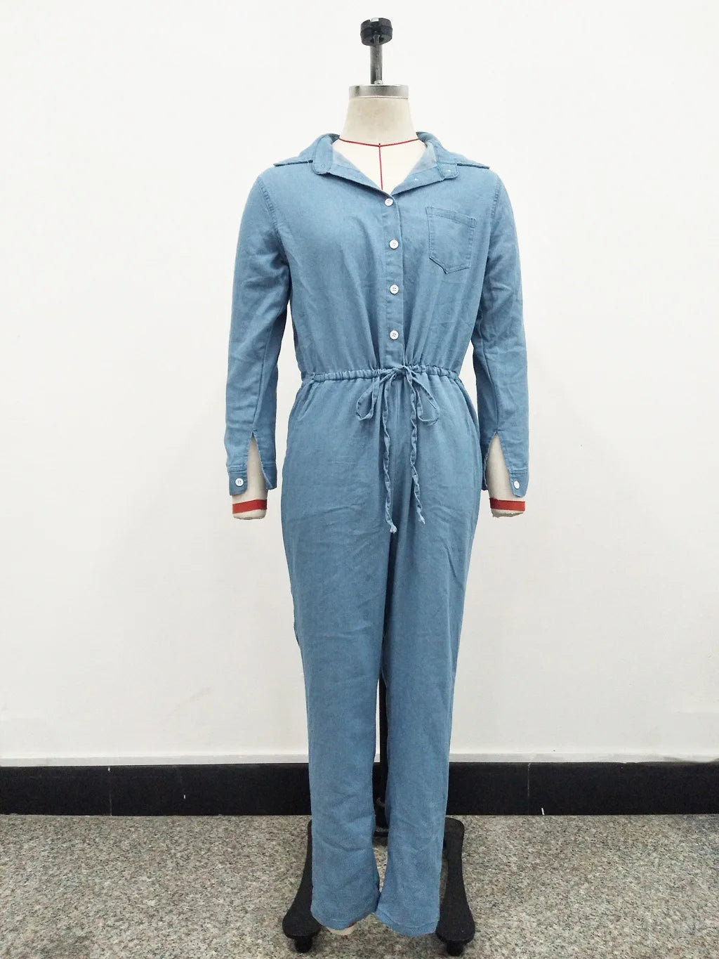 Women's High-Waist Sexy One-Piece Pants Long Sleeve Button Lapel Stretch Casual Jeans Jumpsuit